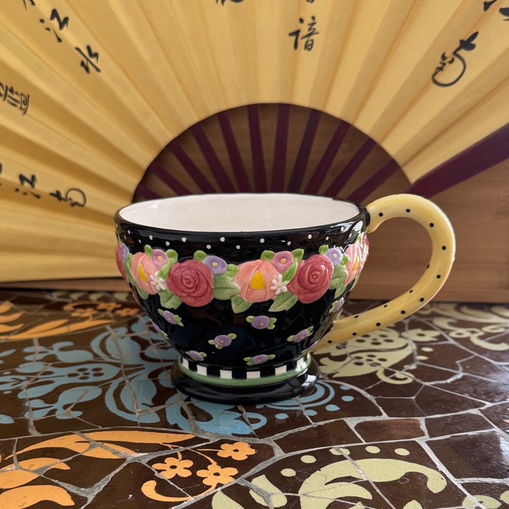 MARY ENGELBREIT Floral Black and Yellow Teacup